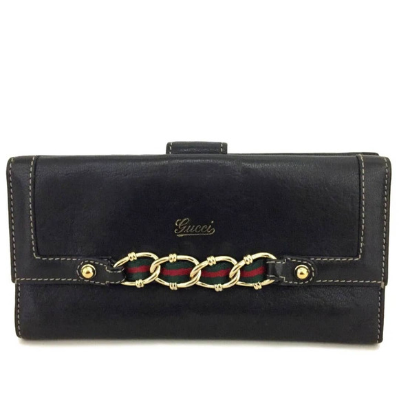 Authentic GUCCI Webbing Black Leather Bifold Long Wallet /1C2468
